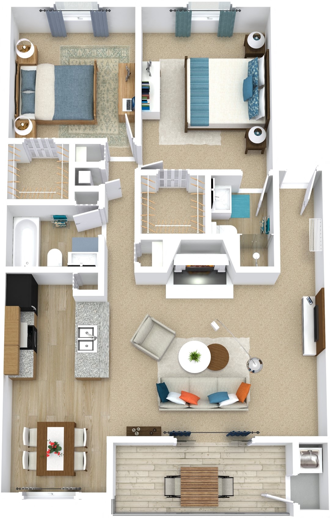 Floor plan for 2 beds, 2 baths, 970 sqft
